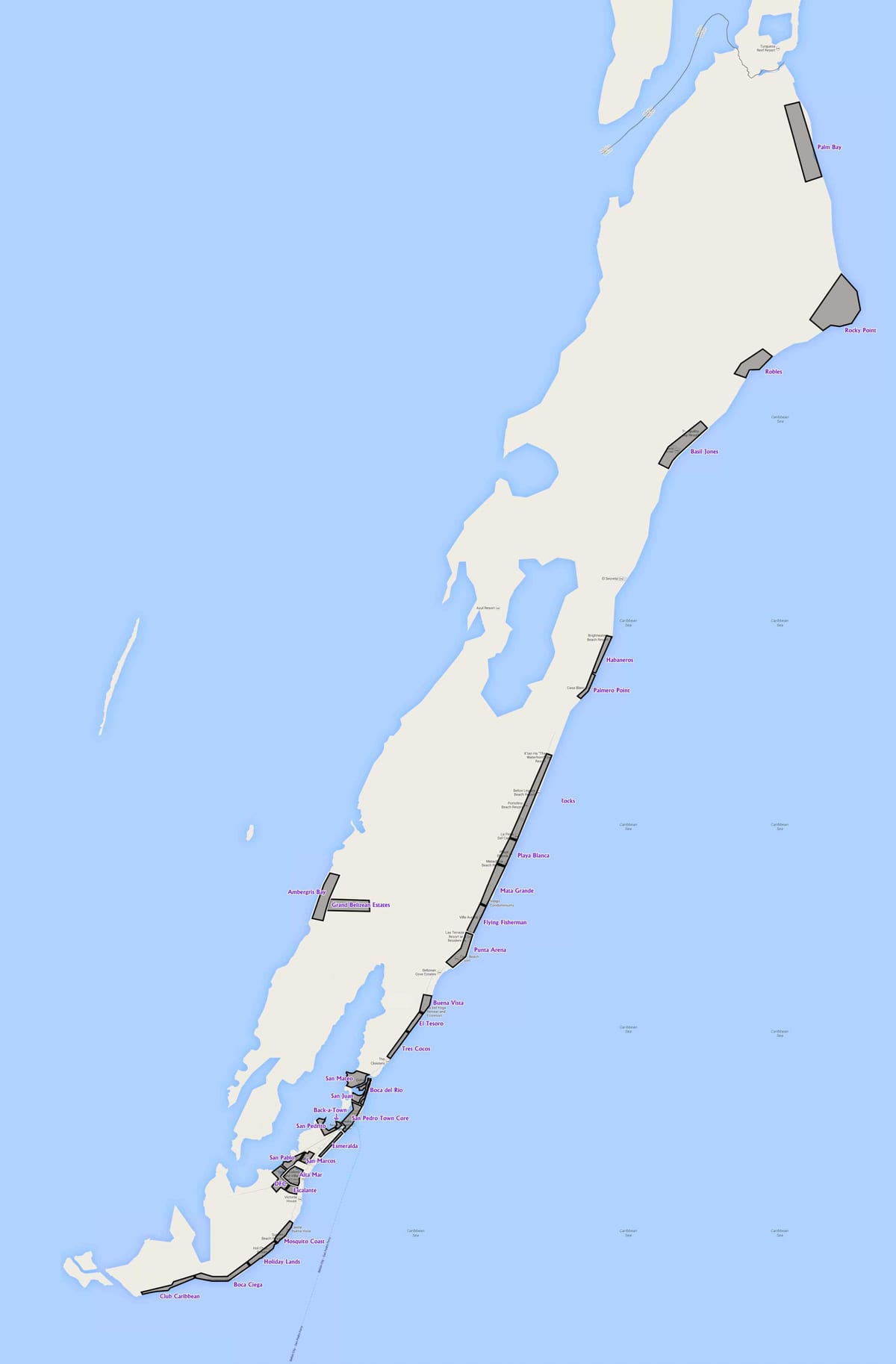 แผนที่ของ ambergris caye เบลไลซ์ name